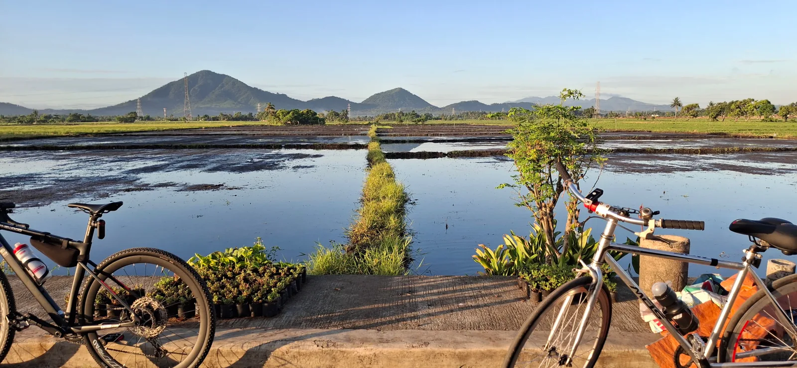 Two bicycles beside flooded fields and mountains